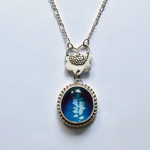 Cyanotype Pendant 2 LEAF with Blossom Bail