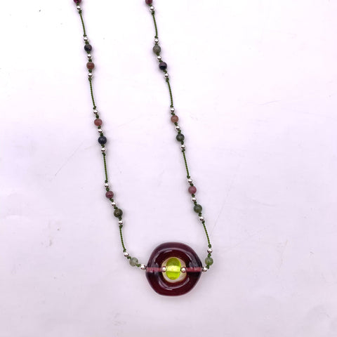 purple / green tone 0 + tourmaline on silk necklace